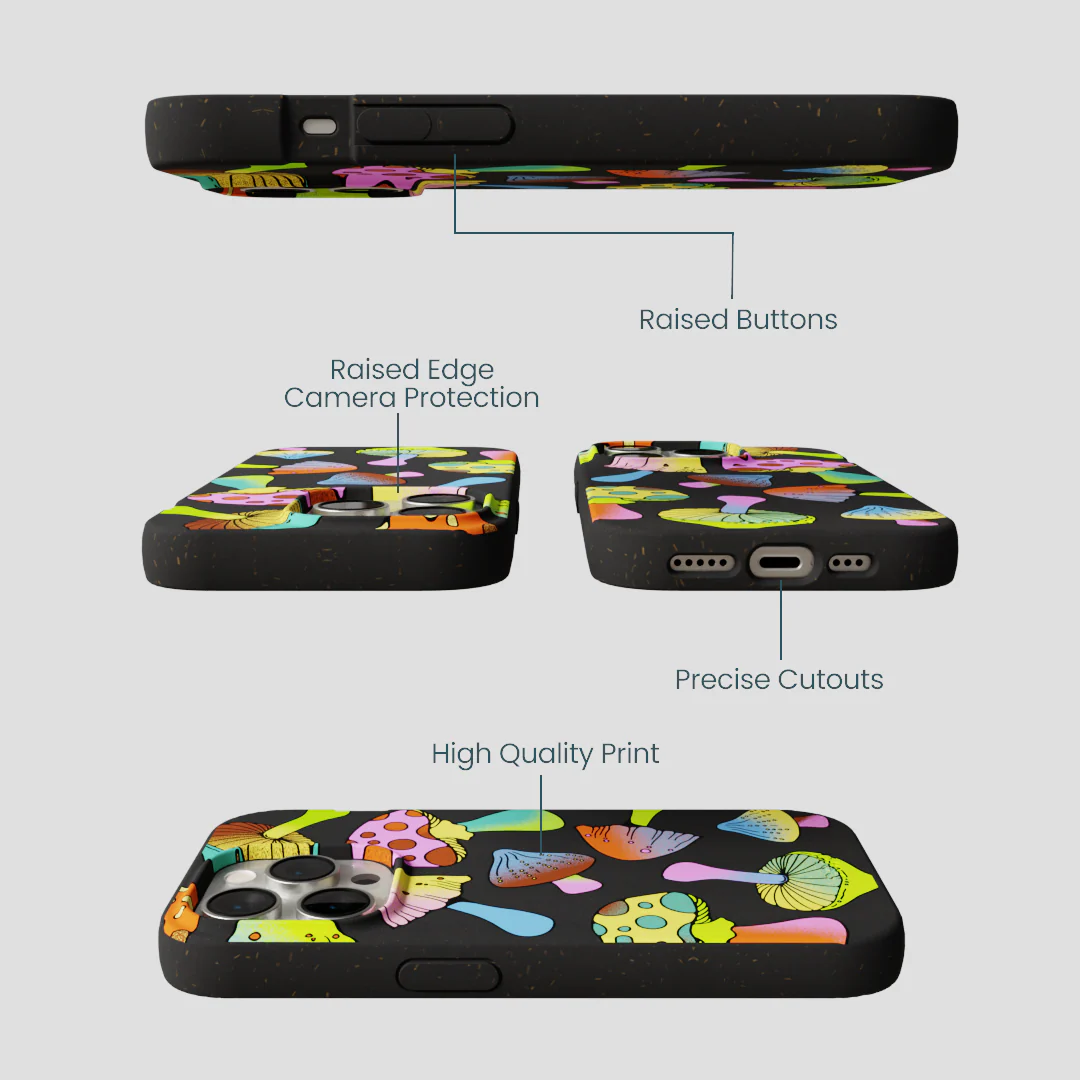 Black Mushroom Party iPhone 14 Pro Case - Image 3