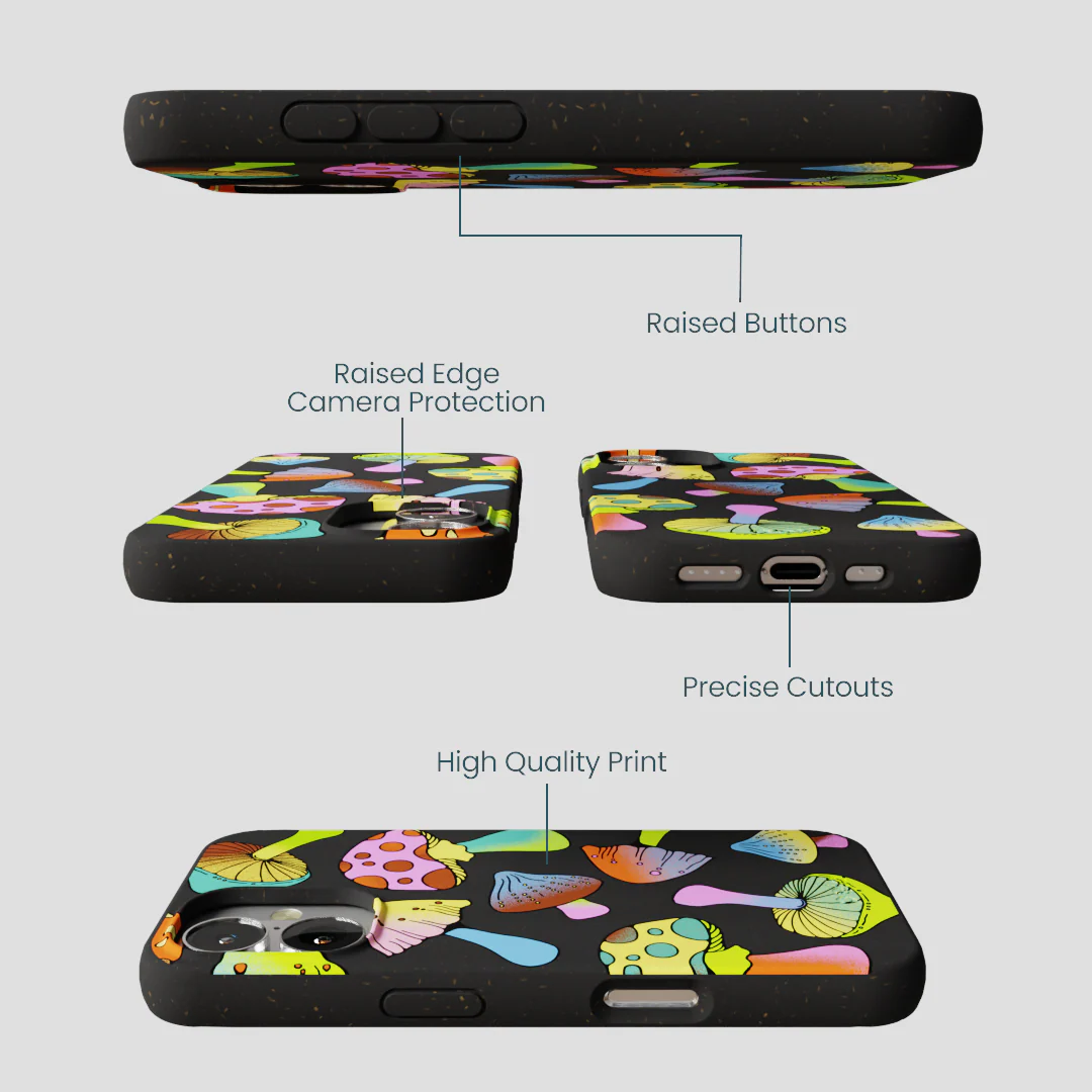 Black Mushroom Party iPhone 16 Case - Image 3