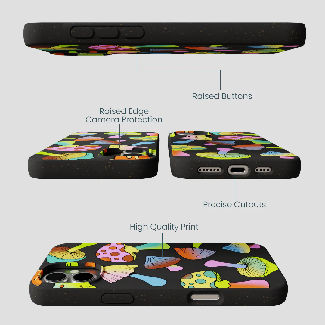 Black Mushroom Party iPhone 16 Plus Case - Image 3
