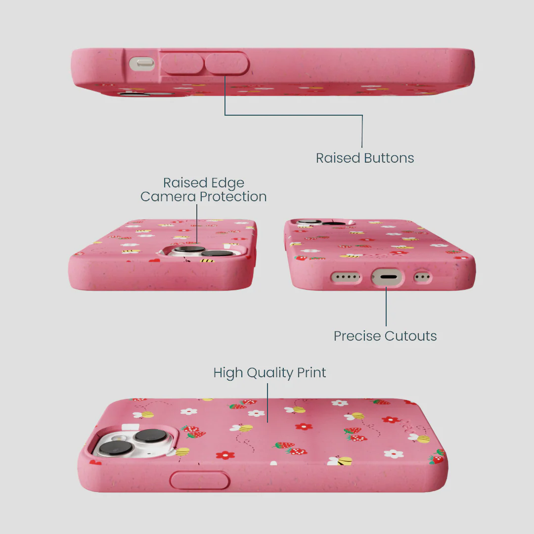 Bubblegum Pink Bees n Berries iPhone 13 Case - Image 3