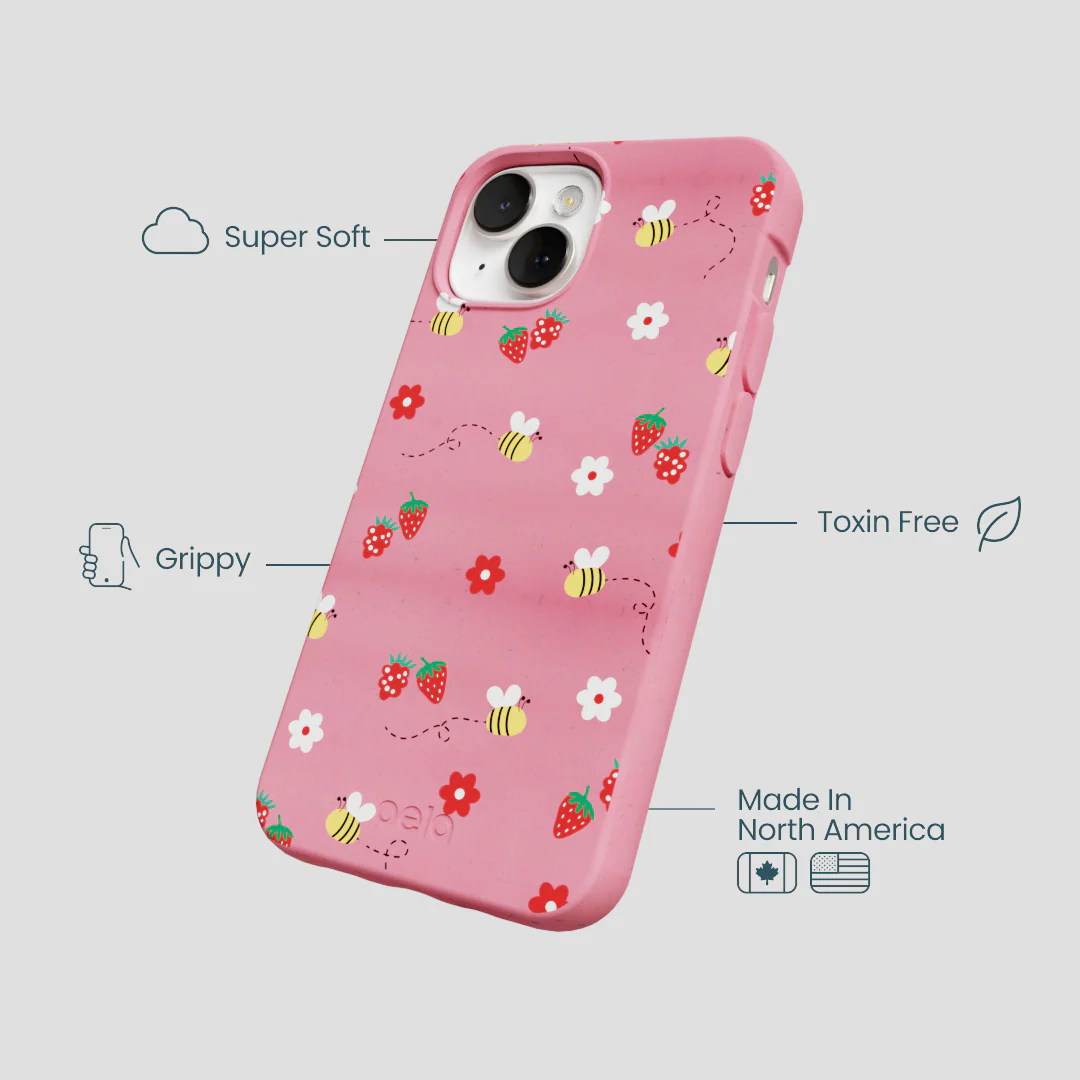Bubblegum Pink Bees n Berries iPhone 13 Case - Image 4