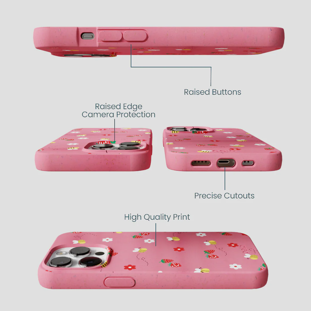 Bubblegum Pink Bees n Berries iPhone 13 Pro Max Case - Image 3