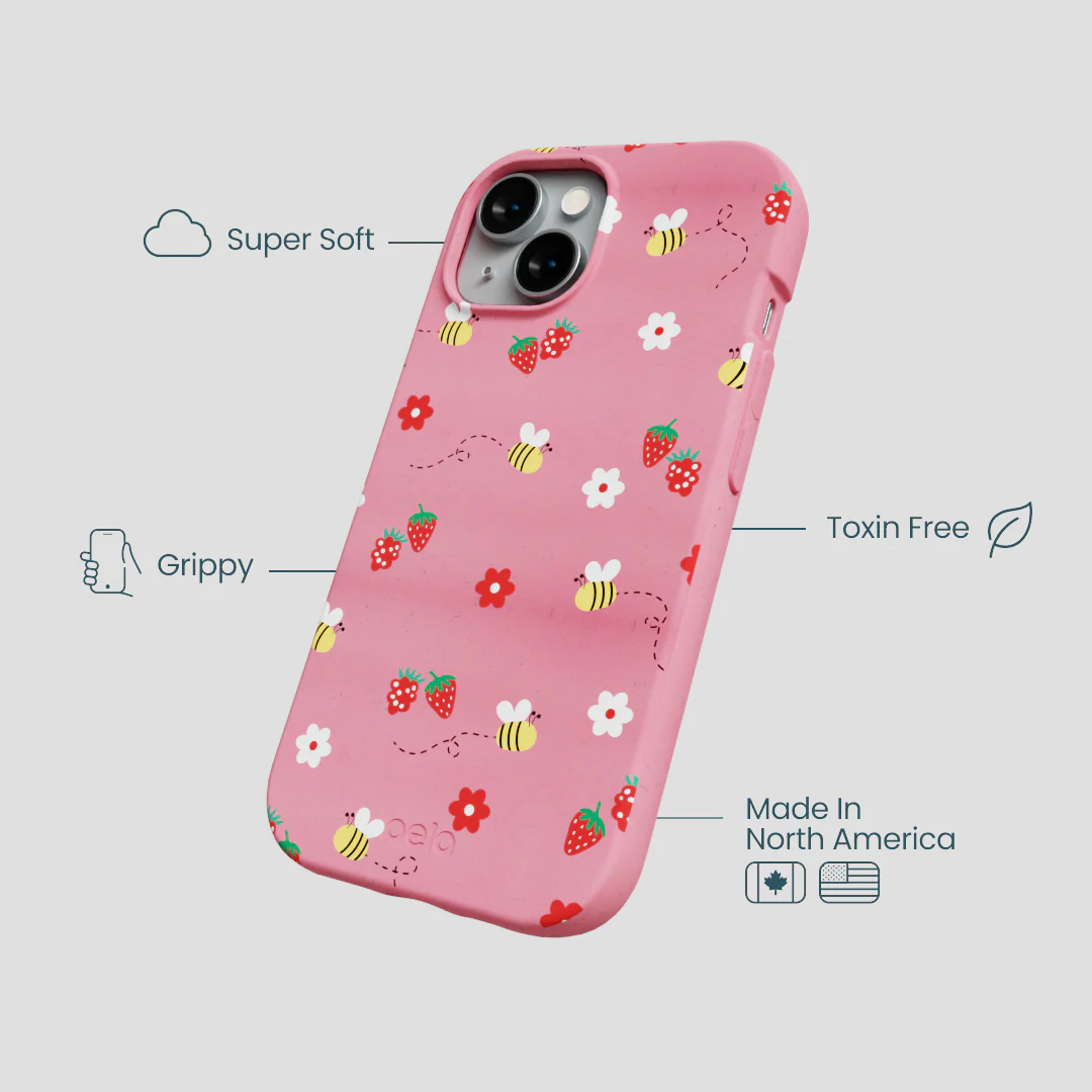 Bubblegum Pink Bees n Berries iPhone 14 Case - Image 4