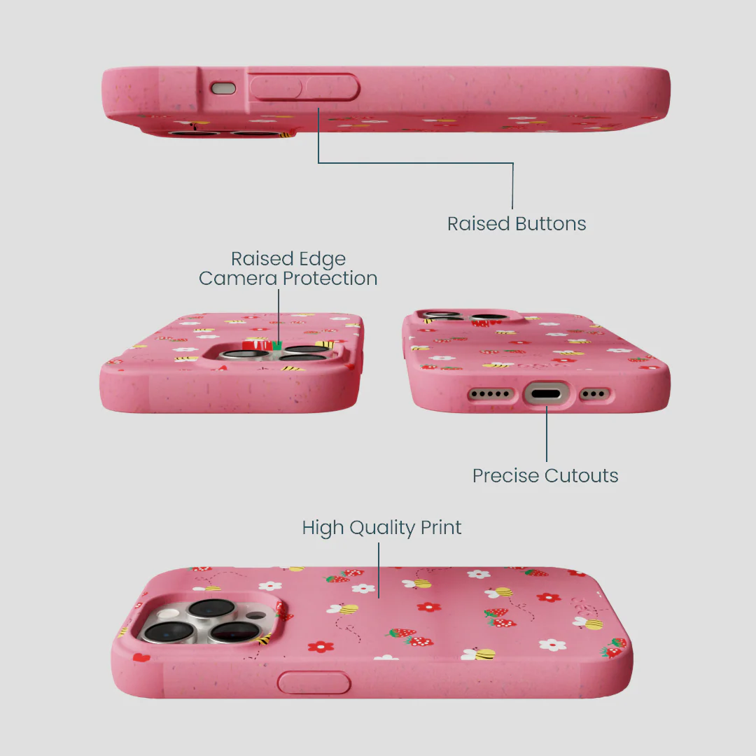 Bubblegum Pink Bees n Berries iPhone 14 Pro Case - Image 3