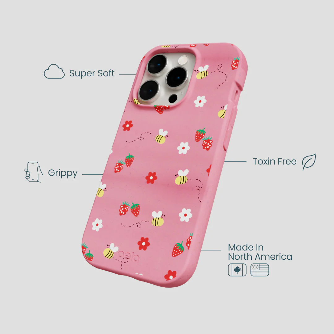 Bubblegum Pink Bees n Berries iPhone 14 Pro Case - Image 4