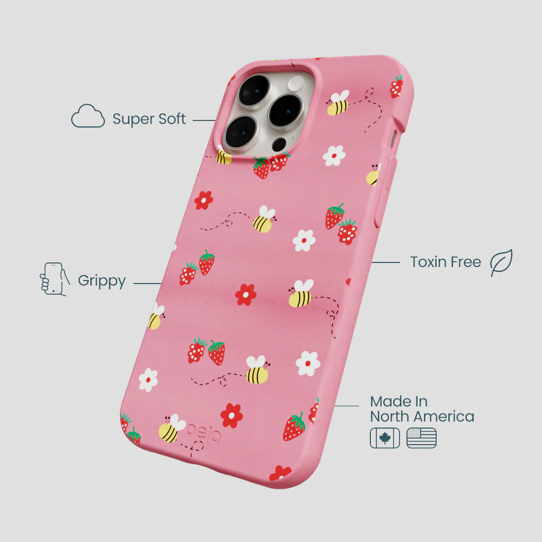 Bubblegum Pink Bees n Berries iPhone 14 Pro Max Case - Image 4