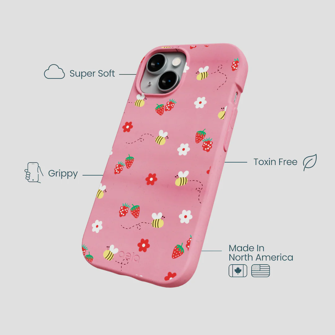 Bubblegum Pink Bees n Berries iPhone 15 Case - Image 4