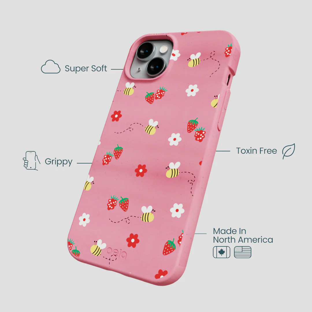 Bubblegum Pink Bees n Berries iPhone 15 Plus Case - Image 4