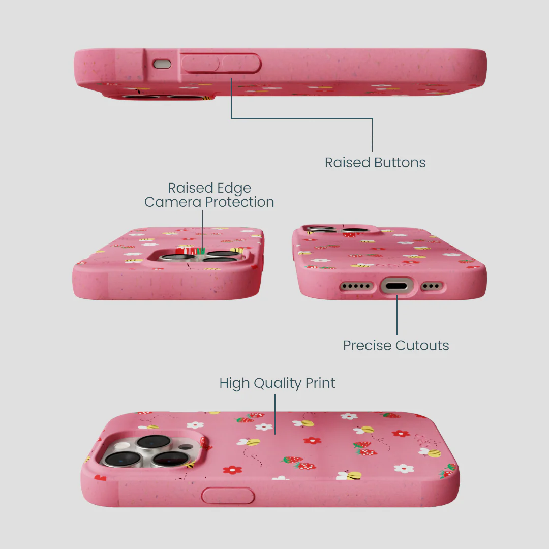 Bubblegum Pink Bees n Berries iPhone 15 Pro Case - Image 3
