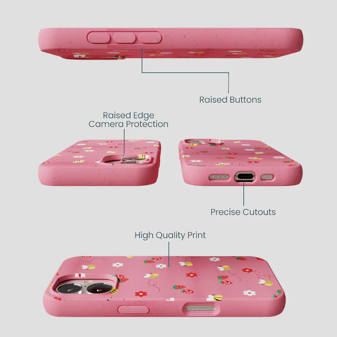 Bubblegum Pink Bees n Berries iPhone 16 Case - Image 3