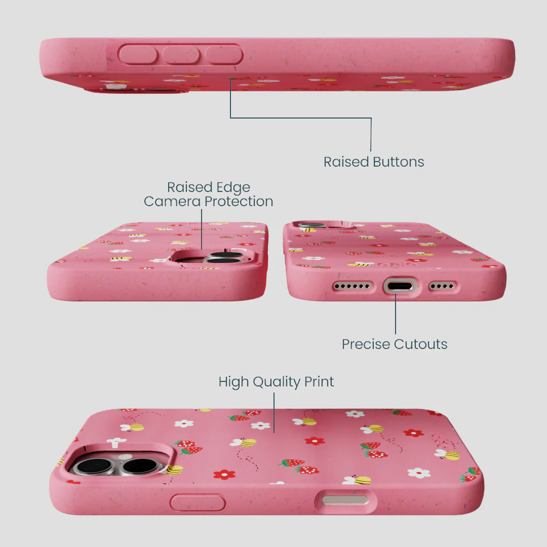 Bubblegum Pink Bees n Berries iPhone 16 Plus Case - Image 3