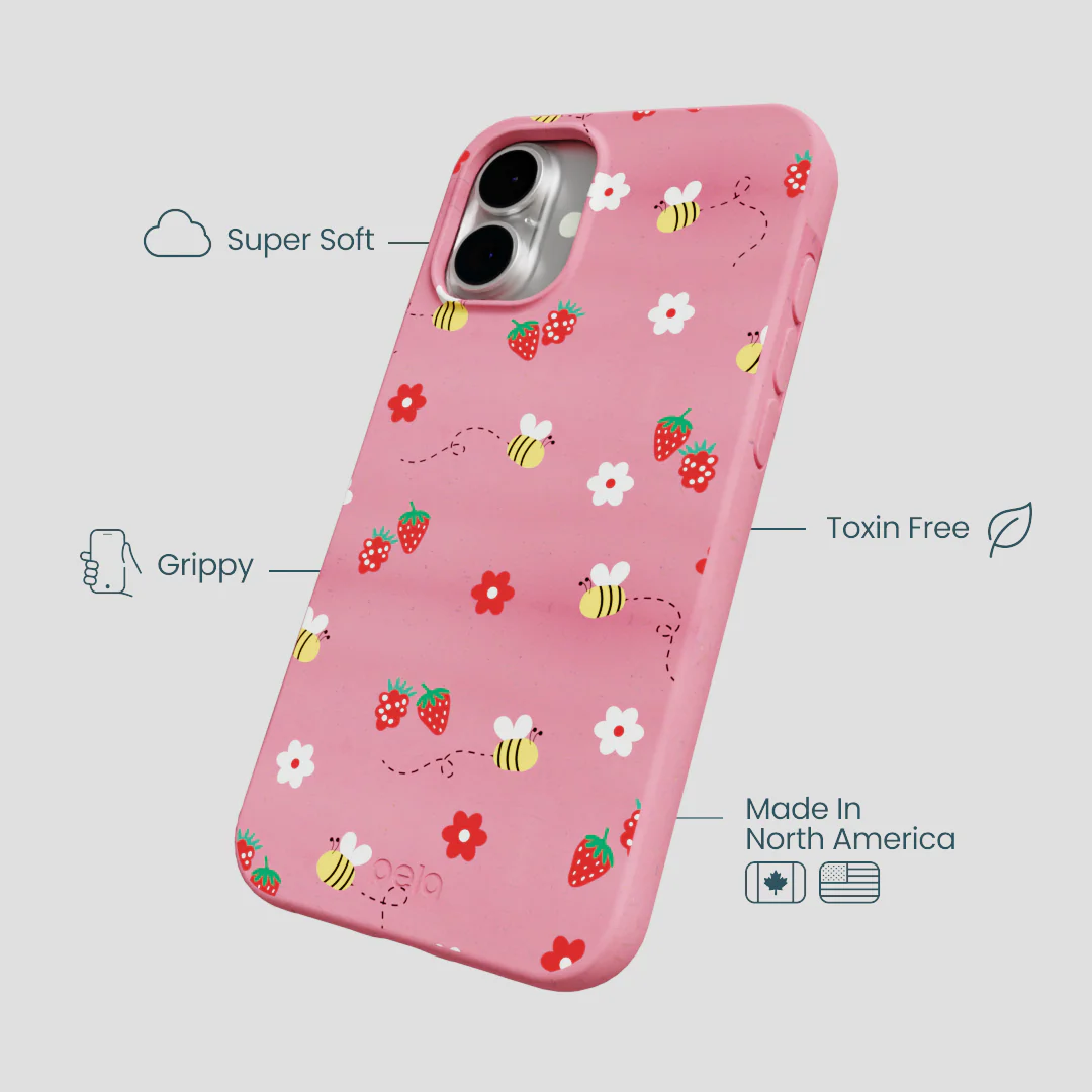 Bubblegum Pink Bees n Berries iPhone 16 Plus Case - Image 4