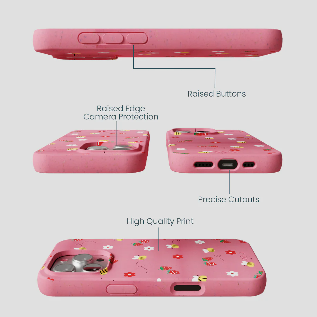 Bubblegum Pink Bees n Berries iPhone 16 Pro Case - Image 3
