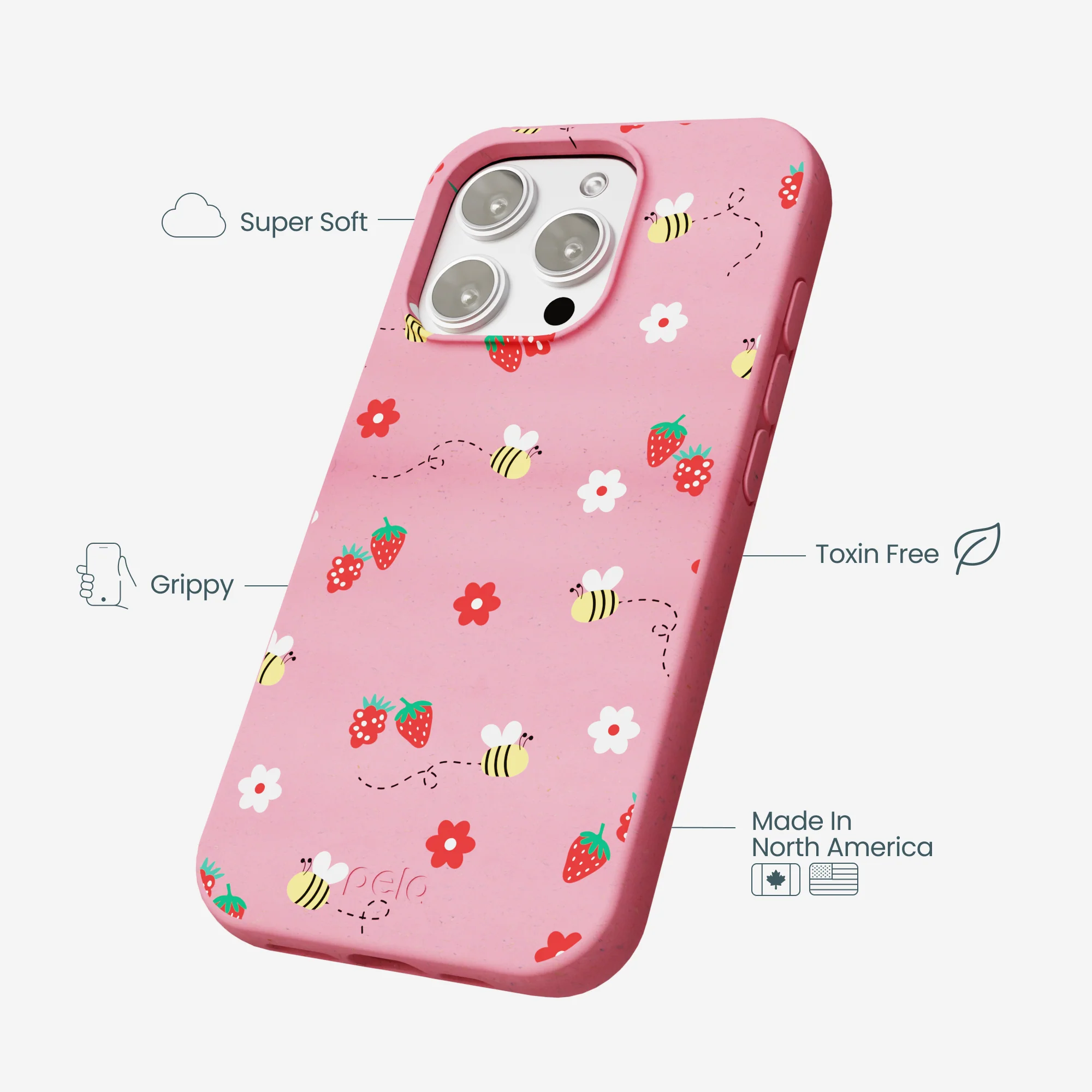 Bubblegum Pink Bees n Berries iPhone 16 Pro Max Case - Image 4