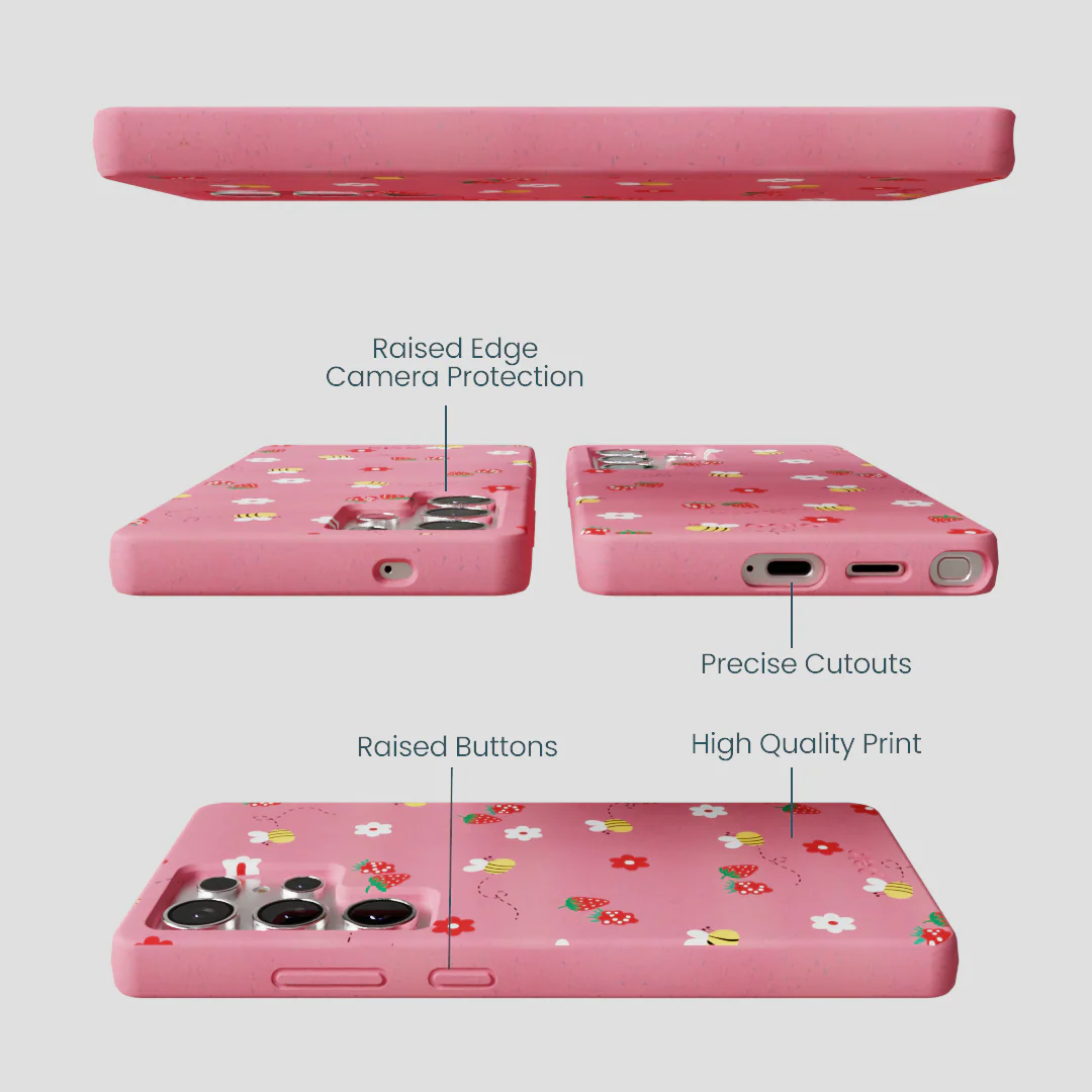 Bubblegum Pink Bees n Berries Samsung Galaxy S25 Ultra Case - Image 3
