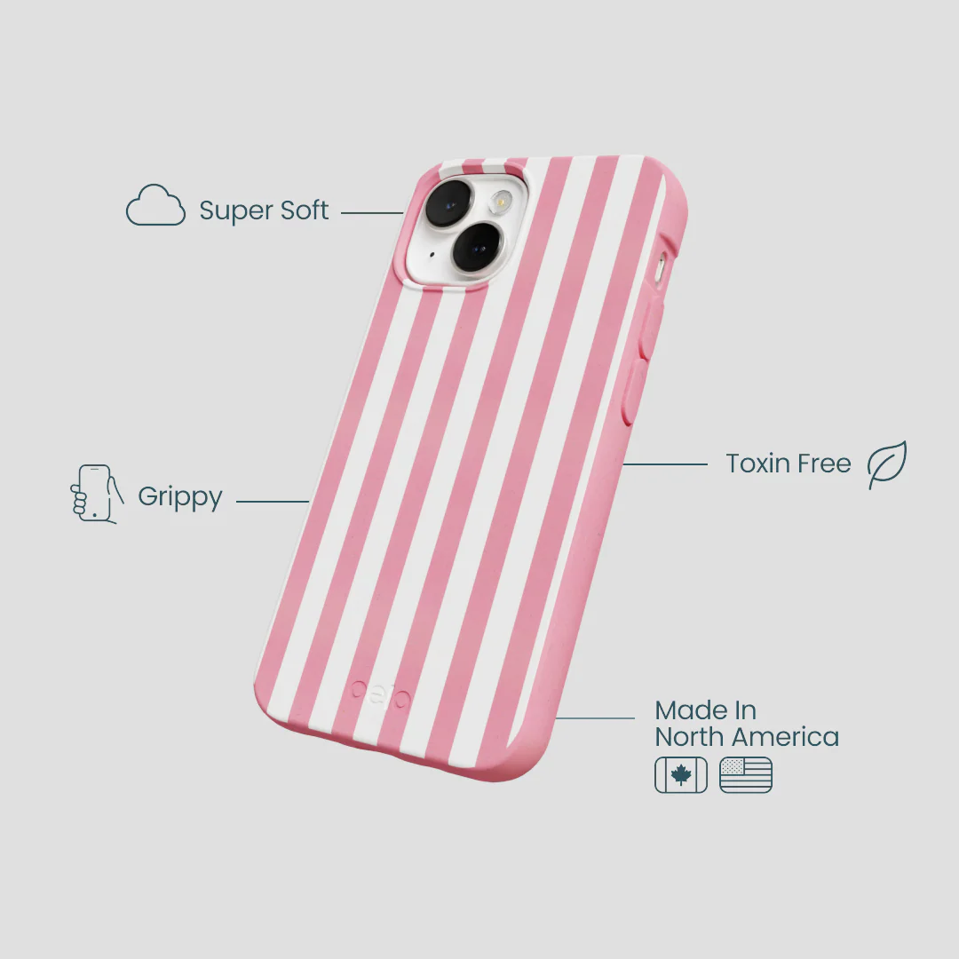 Bubblegum Pink Blush White Stripes iPhone 13 Mini Case - Image 4