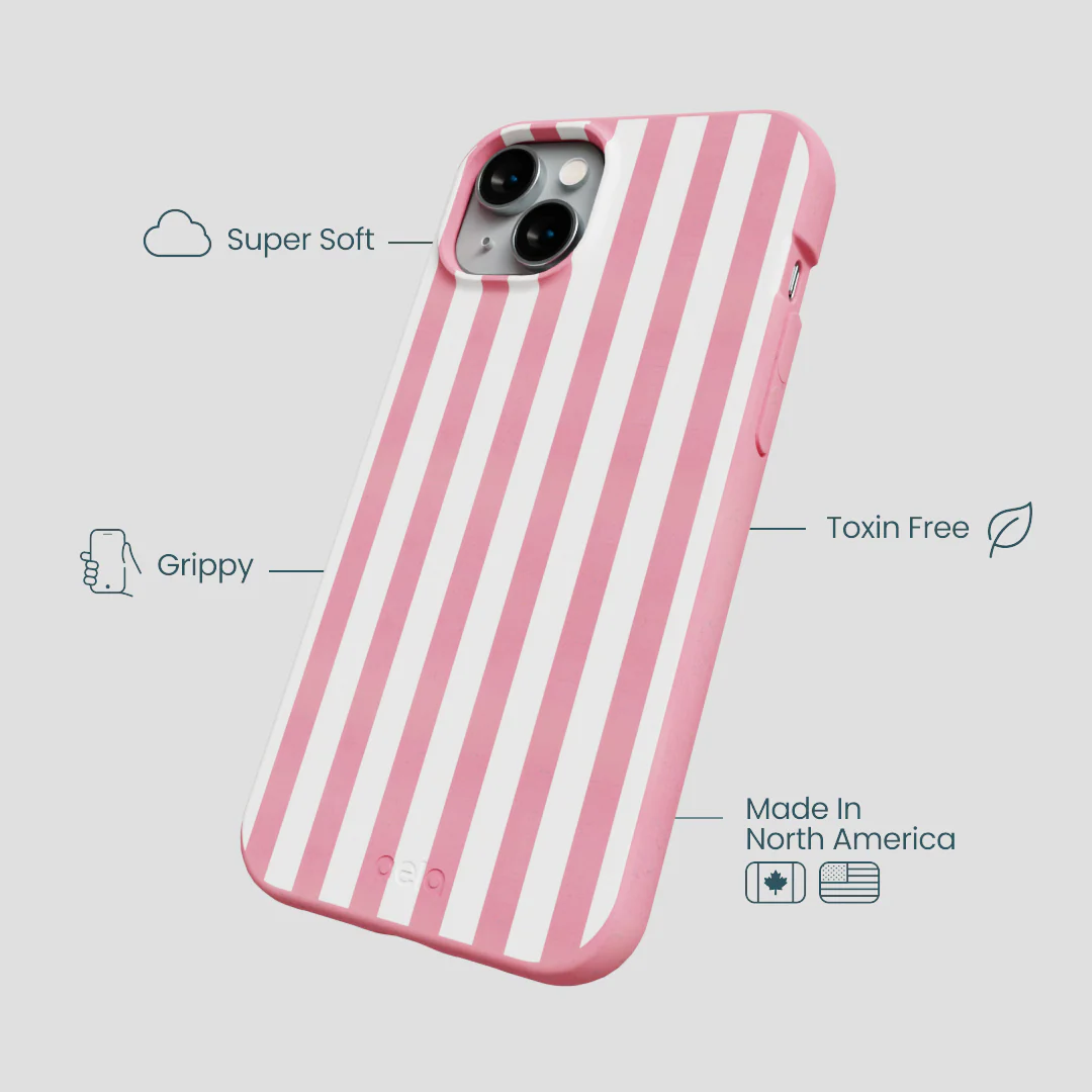 Bubblegum Pink Blush White Stripes iPhone 14 Plus Case - Image 4