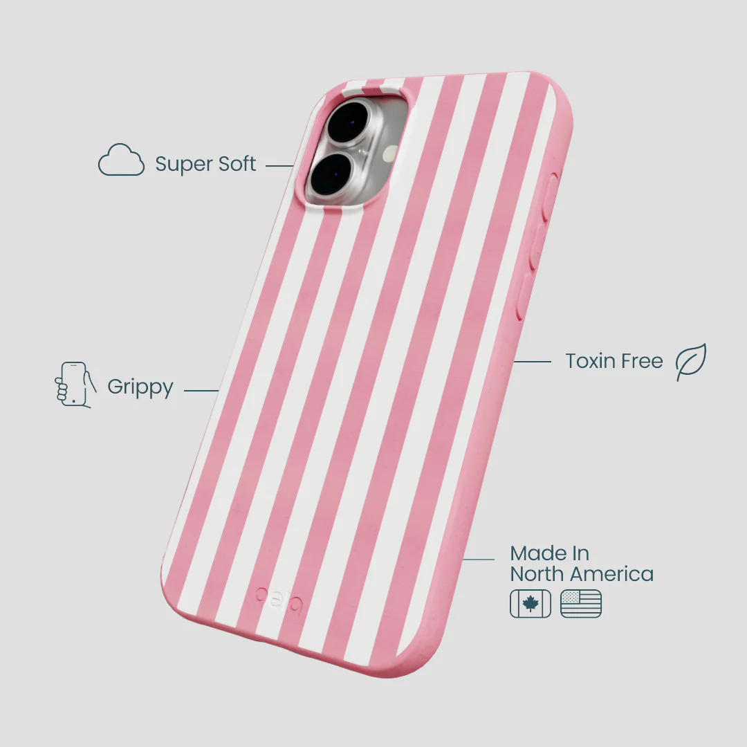 Bubblegum Pink Blush White Stripes iPhone 16 Plus Case - Image 4