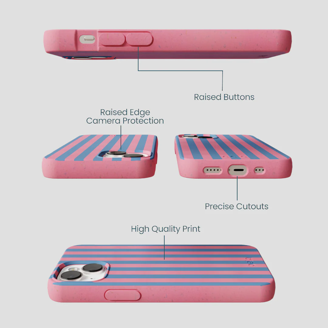 Bubblegum Pink Candy Blue Stripes iPhone 13 Case - Image 3