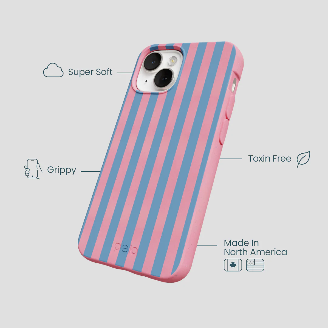 Bubblegum Pink Candy Blue Stripes iPhone 13 Case - Image 4
