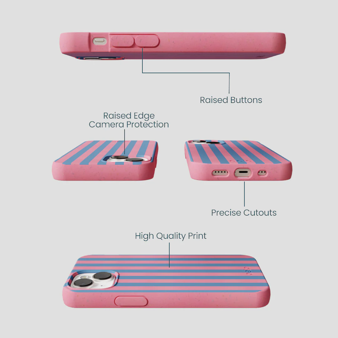 Bubblegum Pink Candy Blue Stripes iPhone 13 Mini Case - Image 3