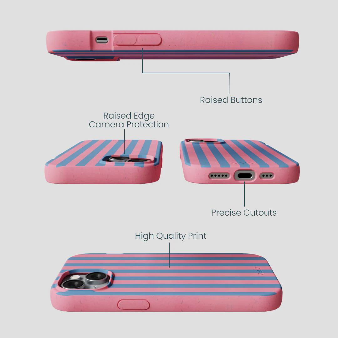 Bubblegum Pink Candy Blue Stripes iPhone 14 Case - Image 3