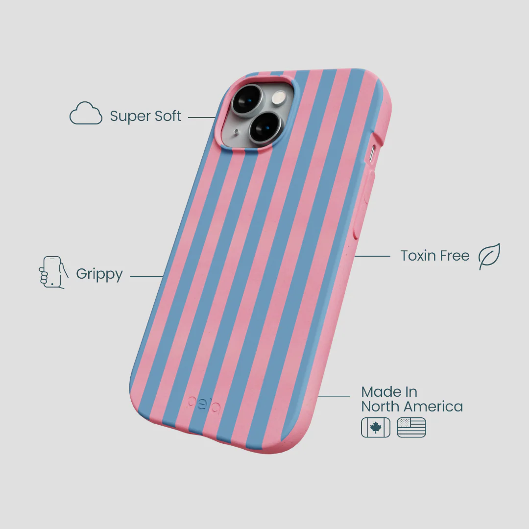 Bubblegum Pink Candy Blue Stripes iPhone 14 Case - Image 4