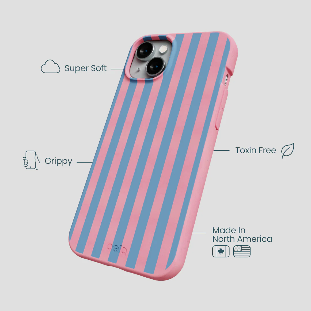 Bubblegum Pink Candy Blue Stripes iPhone 14 Plus Case - Image 4
