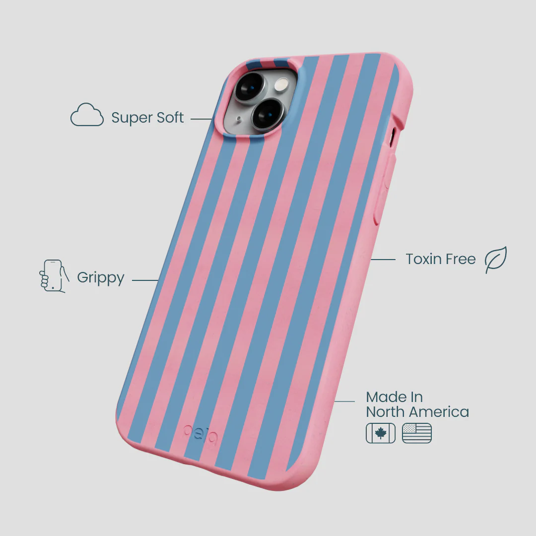 Bubblegum Pink Candy Blue Stripes iPhone 15 Plus Case - Image 4