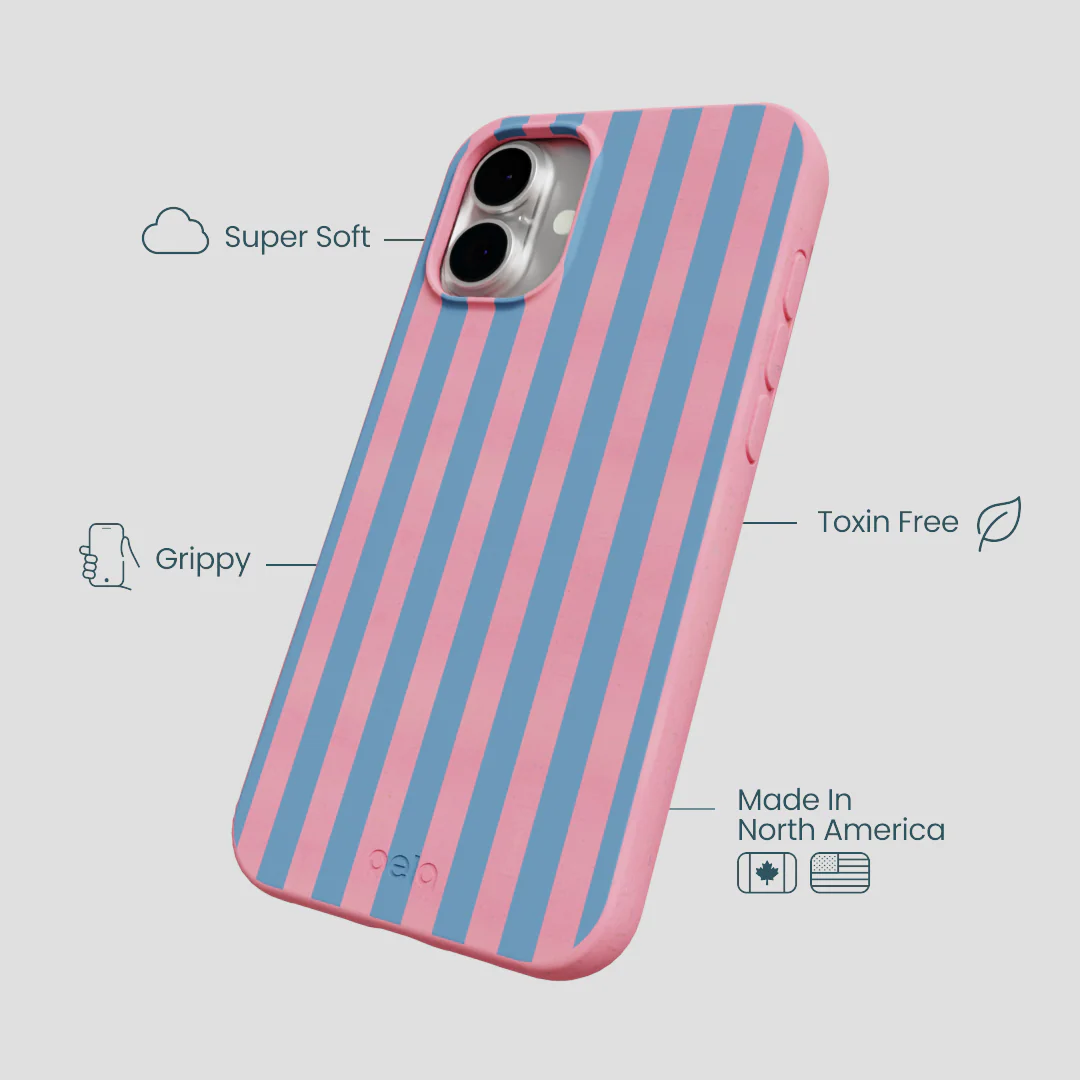 Bubblegum Pink Candy Blue Stripes iPhone 16 Plus Case - Image 4