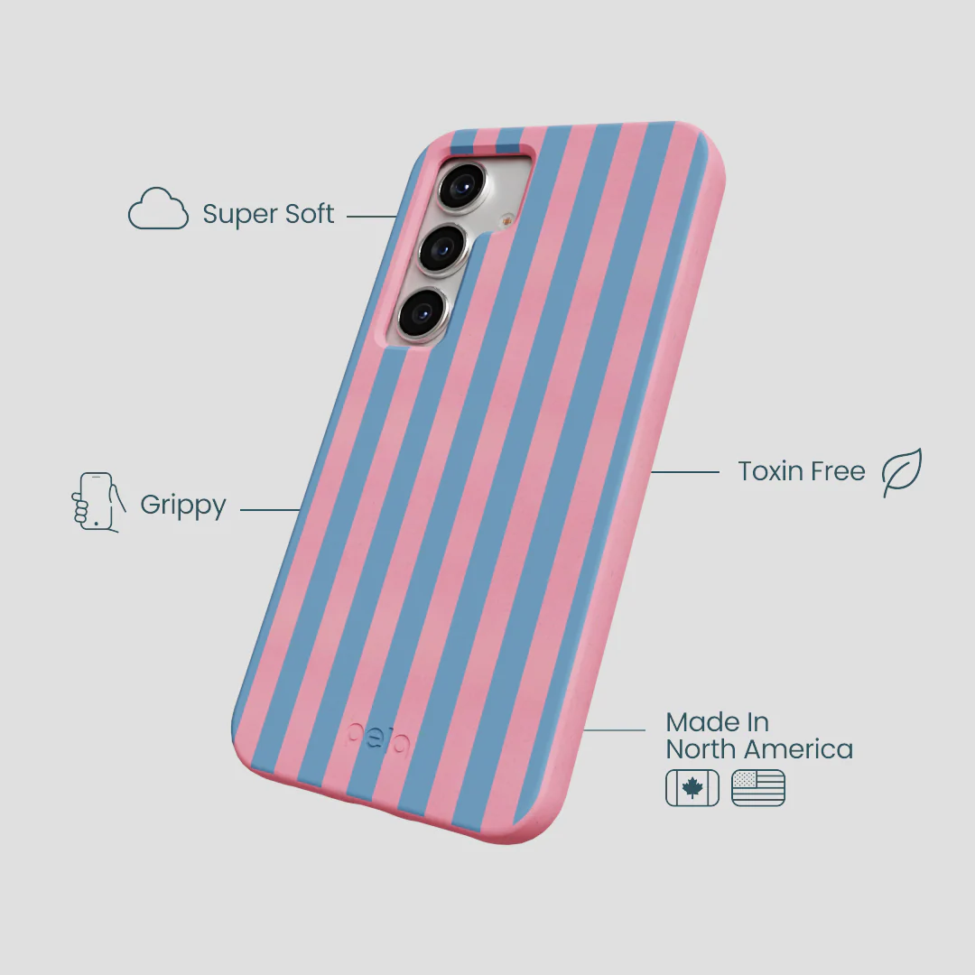 Bubblegum Pink Candy Blue Stripes Samsung Galaxy S25 Case - Image 3