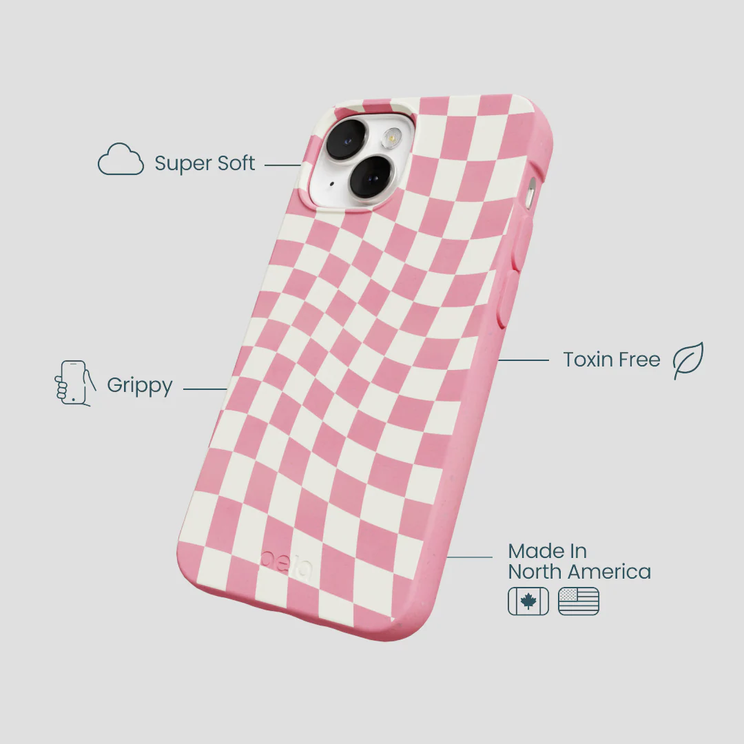 Bubblegum Pink Warped Checkers iPhone 13 Case - Image 4