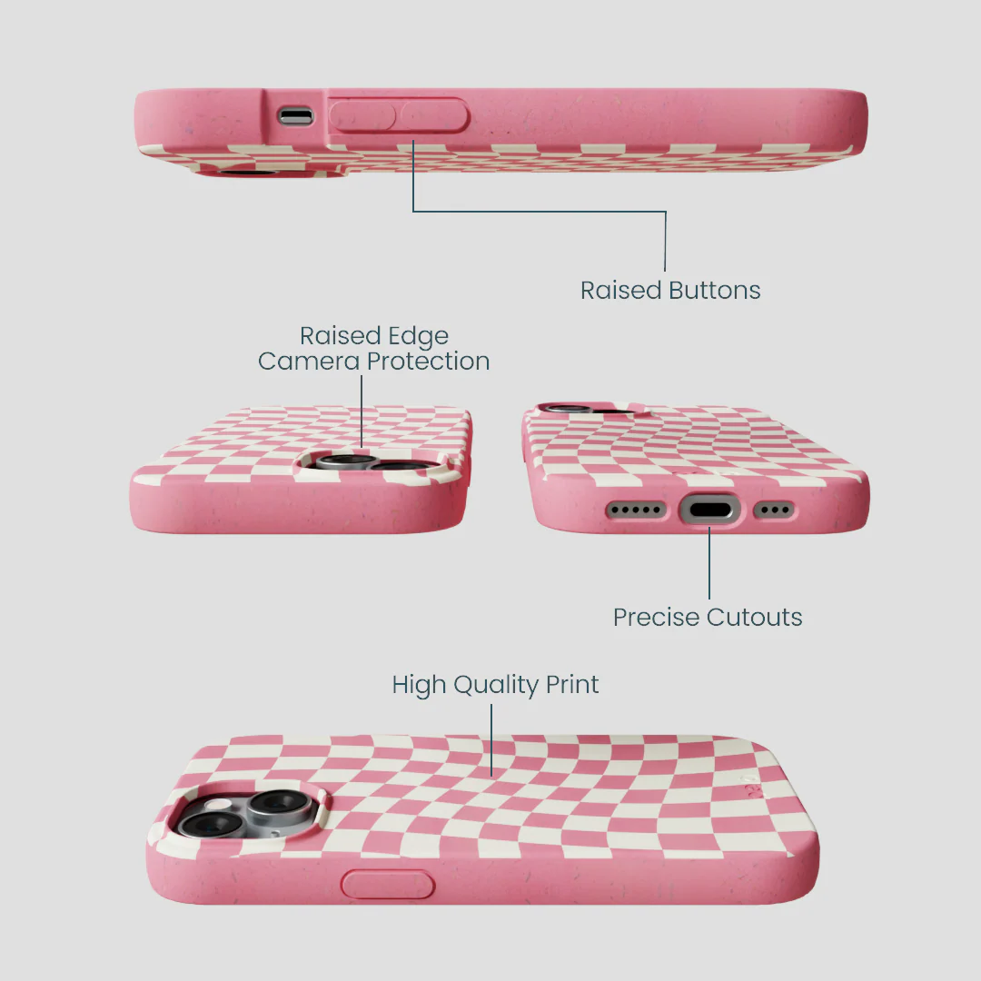 Bubblegum Pink Warped Checkers iPhone 14 Case - Image 3
