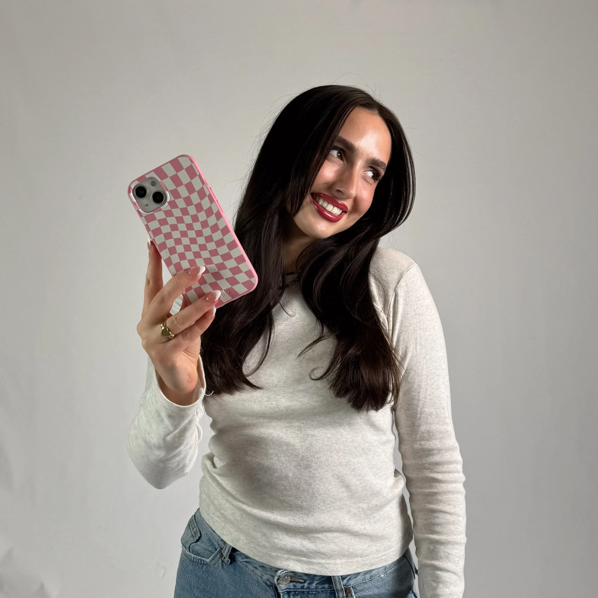 Bubblegum Pink Warped Checkers iPhone 15 Pro Case - Image 2
