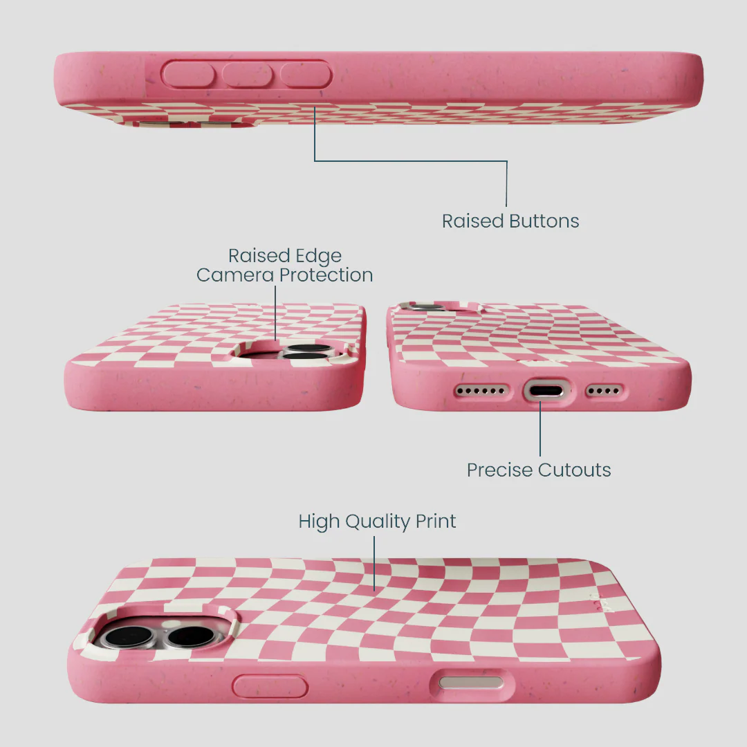 Bubblegum Pink Warped Checkers iPhone 16 Plus Case - Image 3