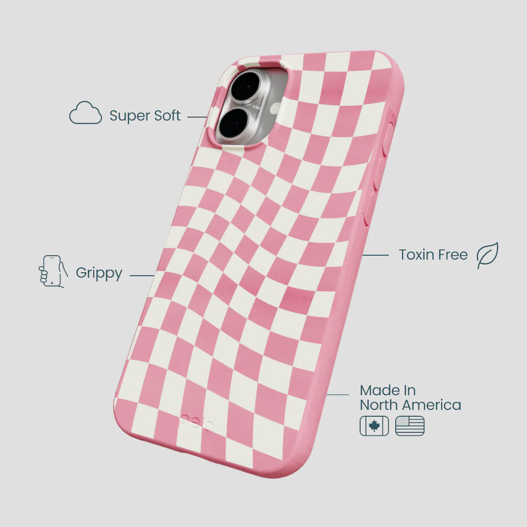 Bubblegum Pink Warped Checkers iPhone 16 Plus Case - Image 4