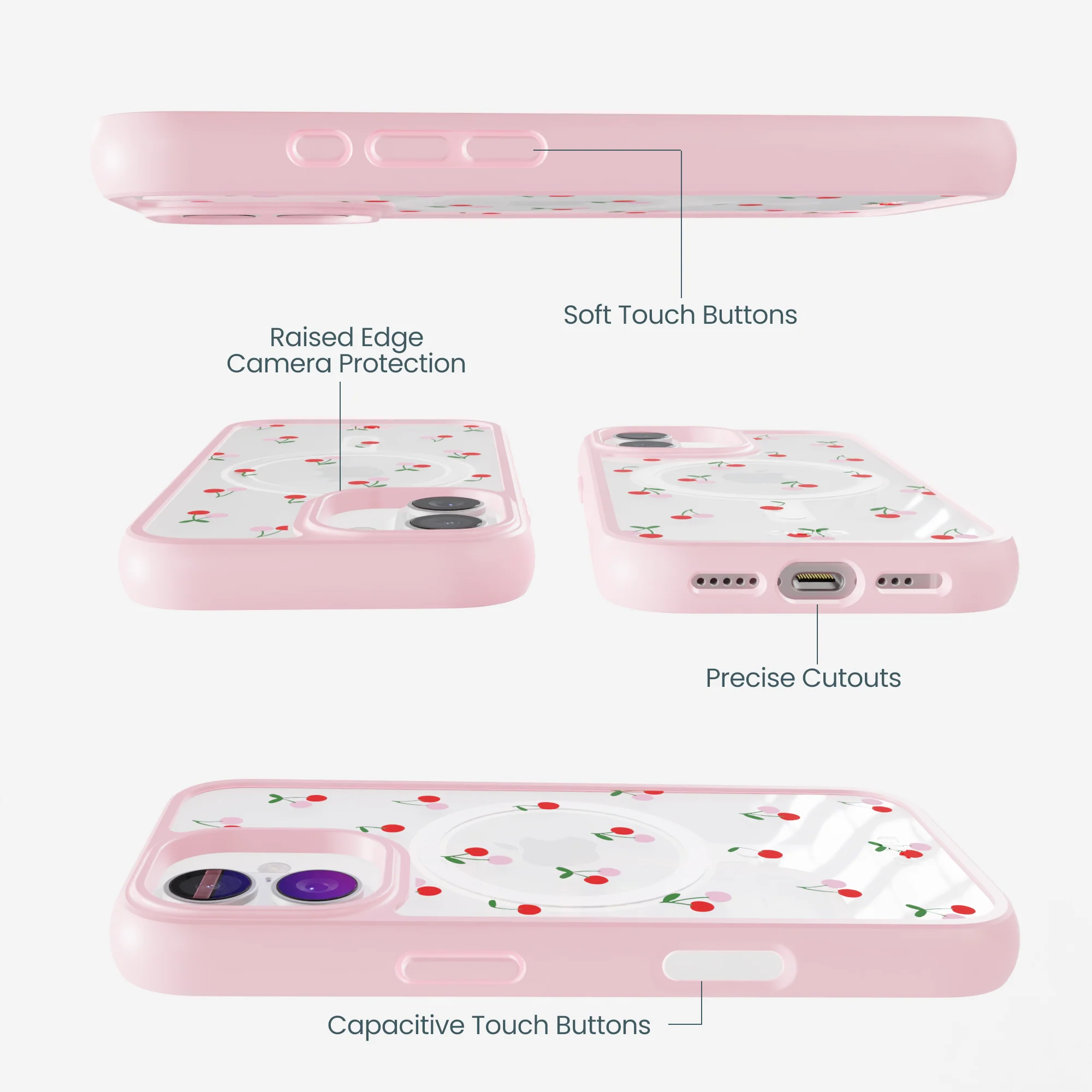 Clear Little Cherries iPhone 17 Case With Petal Pink Ridge (MagSafe included) - Image 3