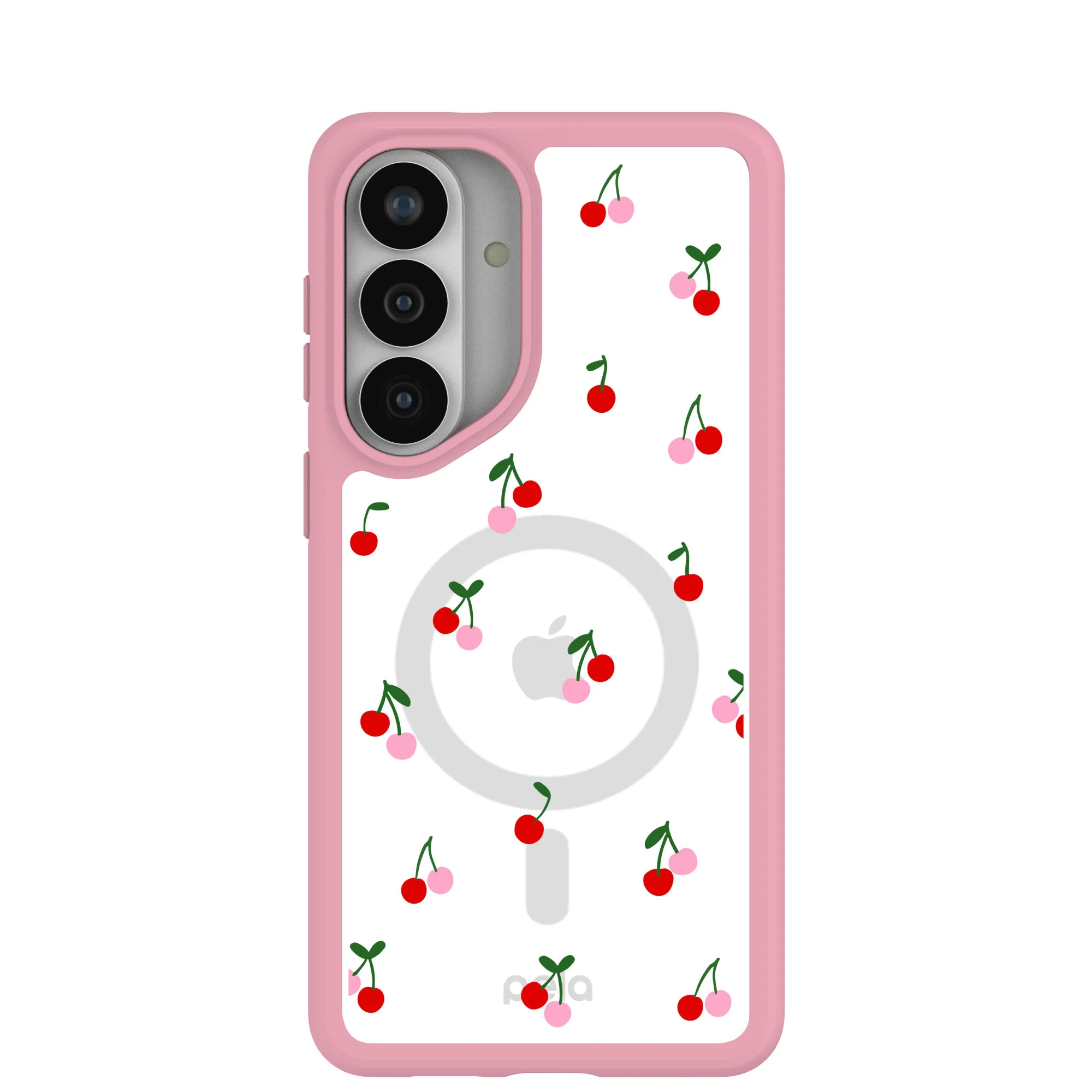 Clear Little Cherries Samsung Galaxy S26+(Plus) Case With Petal Pink Ridge (Magnetic Charging included)