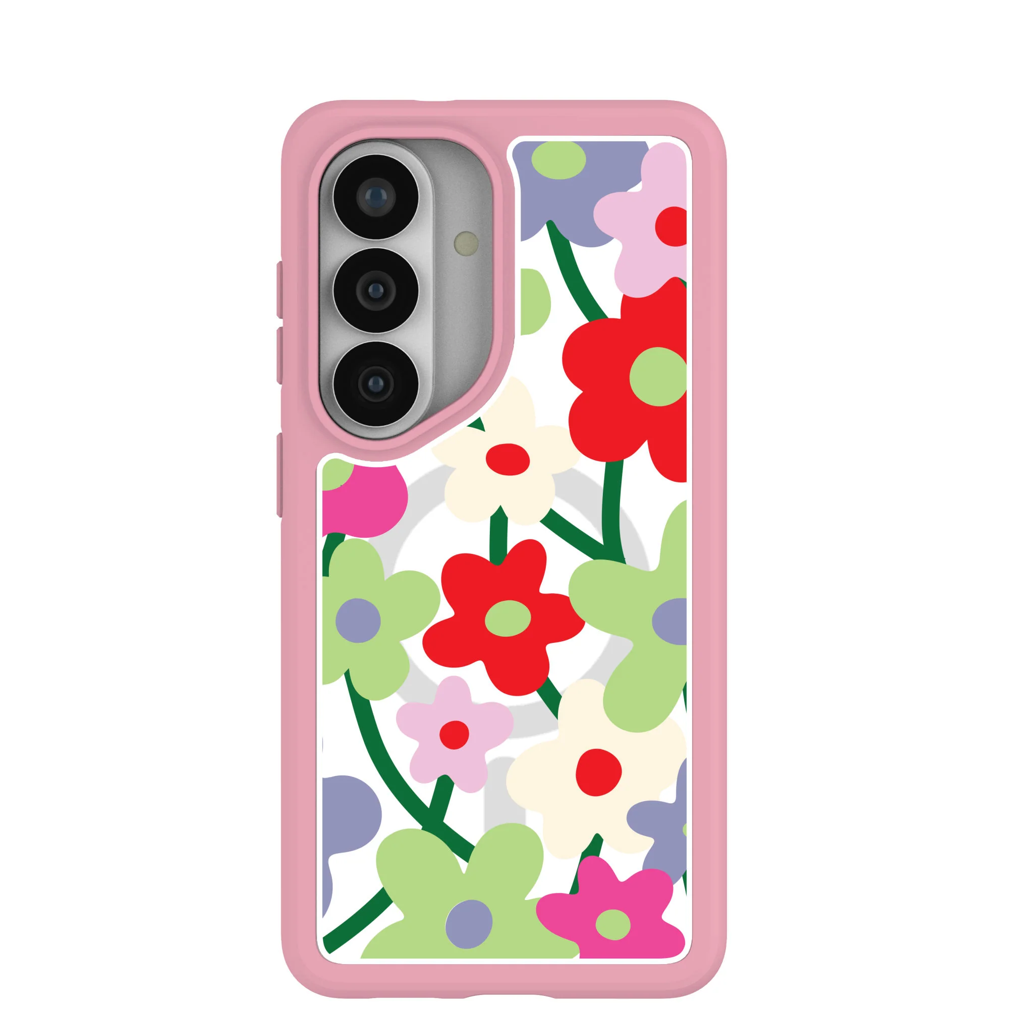 Clear Poppy Flora Samsung Galaxy S26 Case With Petal Pink Ridge (Magnetic Charging included)