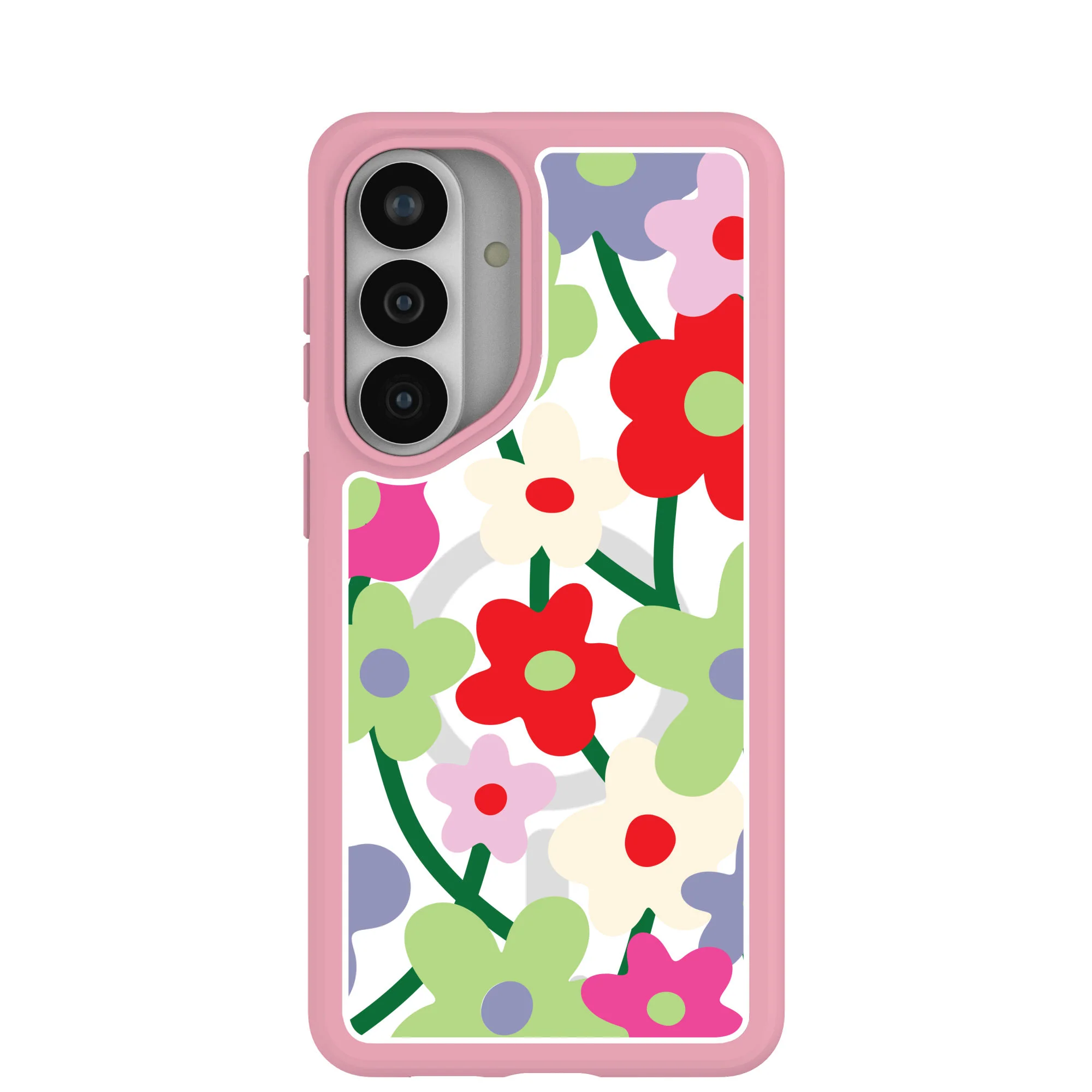 Clear Poppy Flora Samsung Galaxy S26+(Plus) Case With Petal Pink Ridge (Magnetic Charging included)