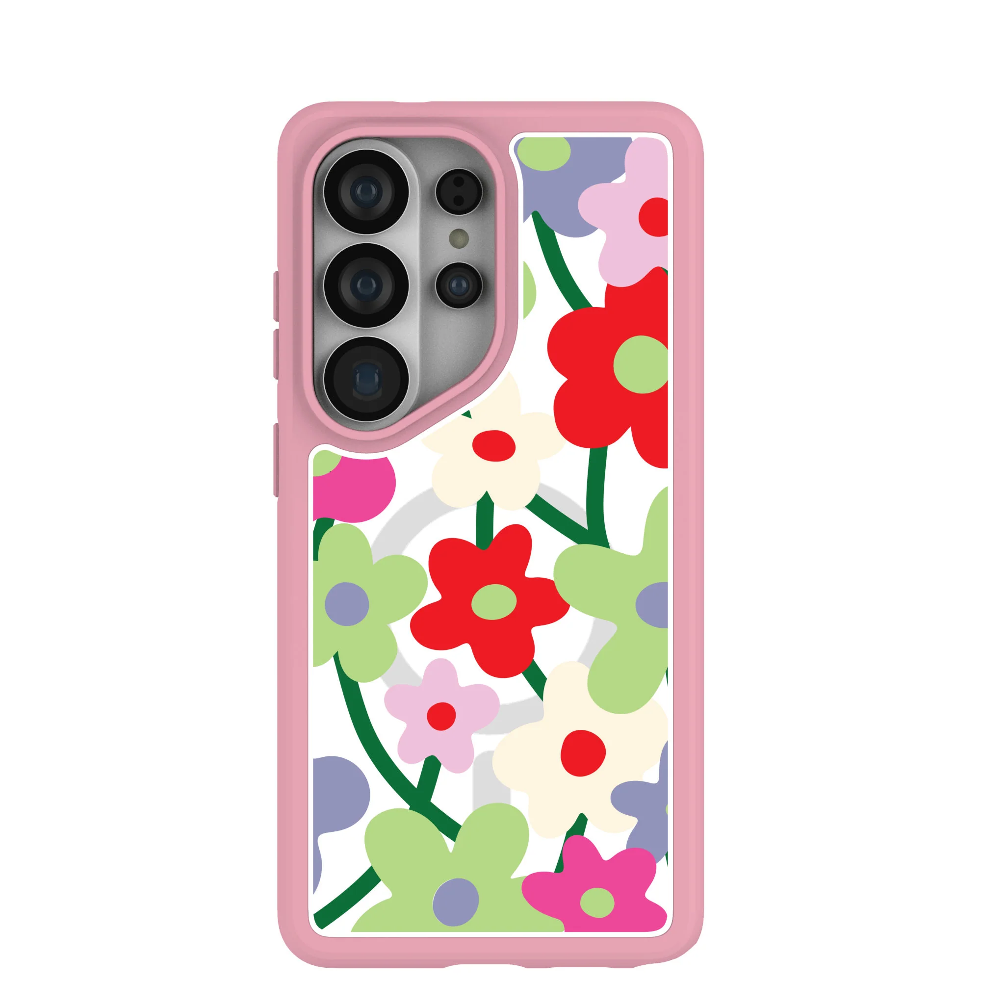 Clear Poppy Flora Samsung Galaxy S26 Ultra Case With Petal Pink Ridge (Magnetic Charging included)