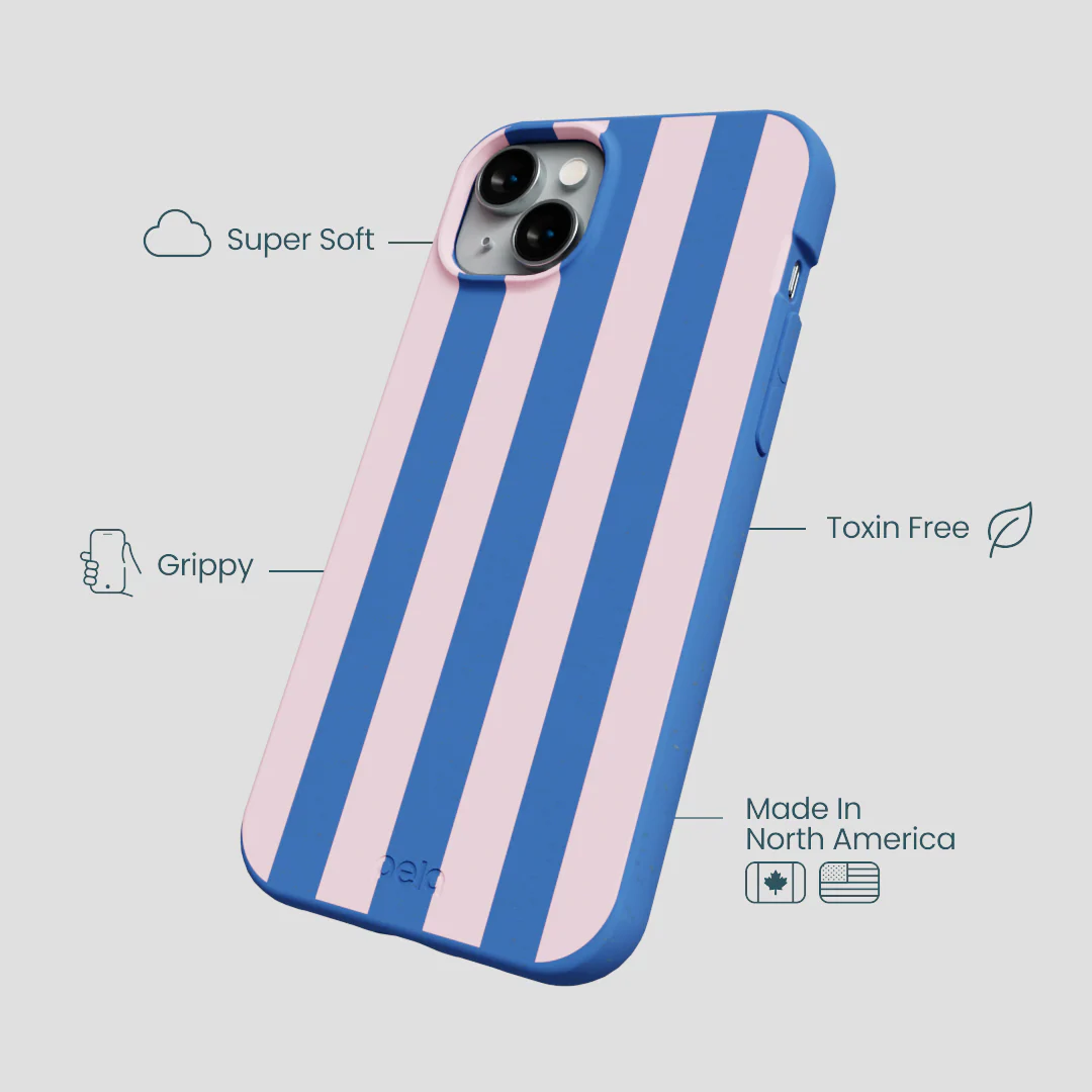 Electric Blue Big Pop Pink Stripes iPhone 14 Plus Case - Image 4
