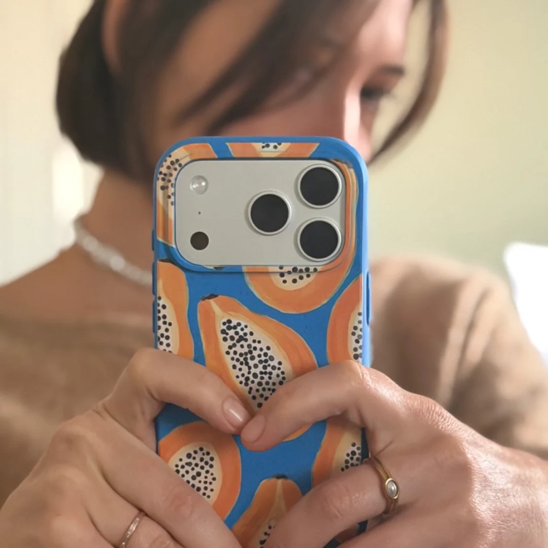 Electric Blue Juicy Papayas iPhone 15 Case - Image 2
