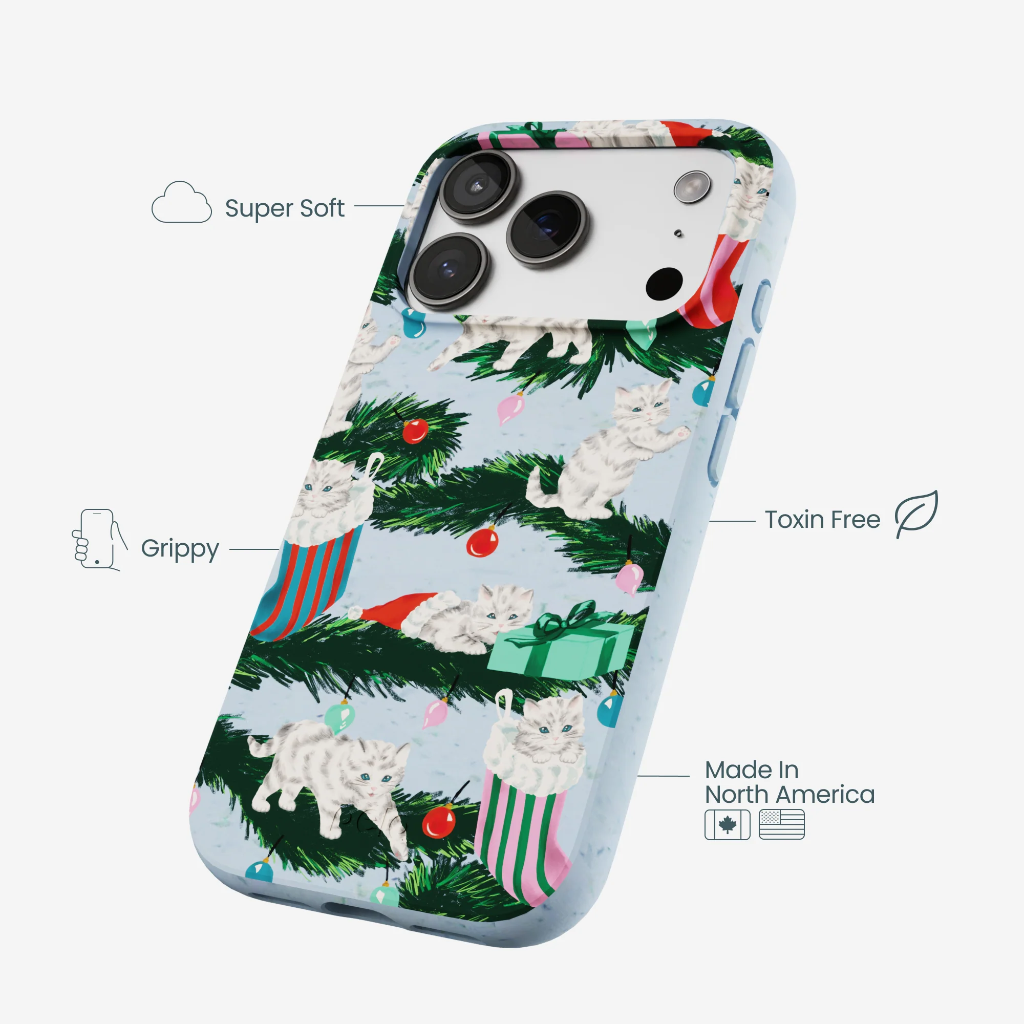 Powder Blue Christmas Kittens iPhone 17 Pro Case - Image 4