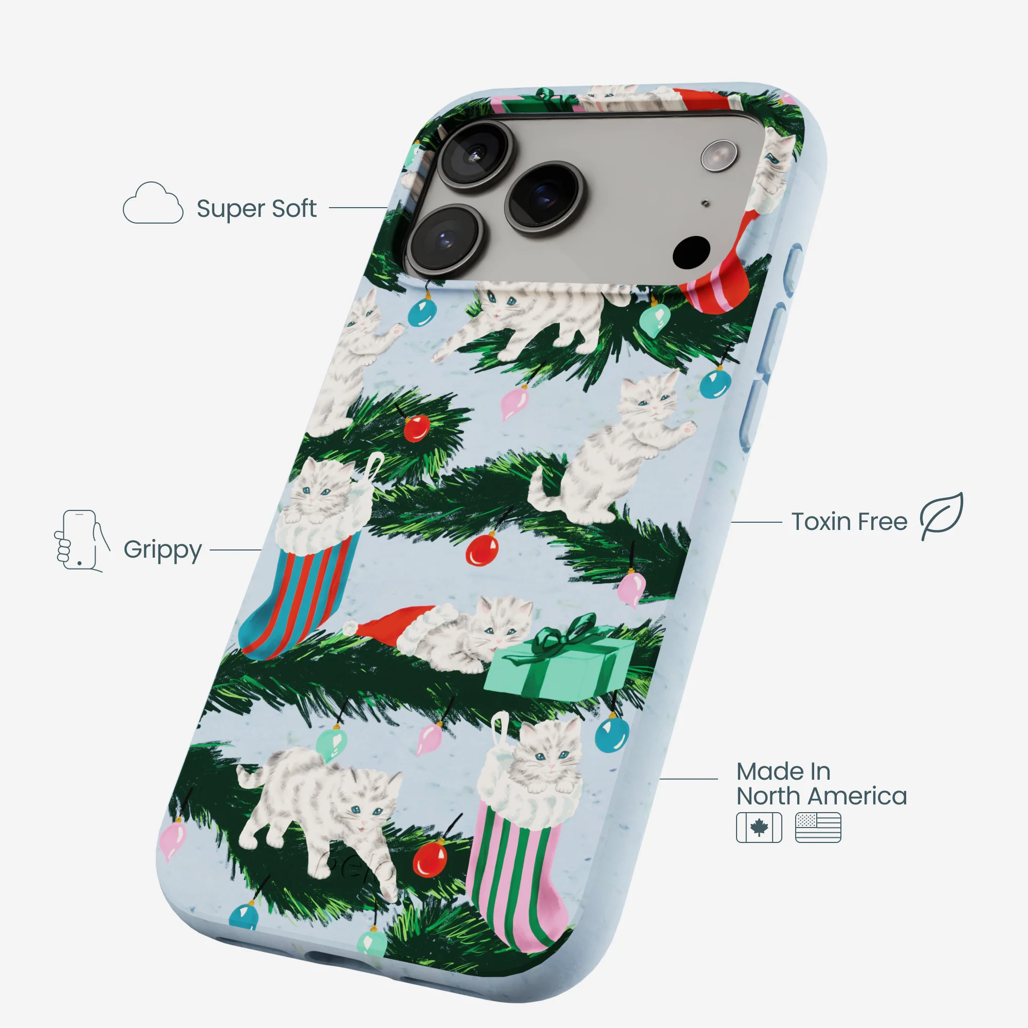 Powder Blue Christmas Kittens iPhone 17 Pro Max Case - Image 4