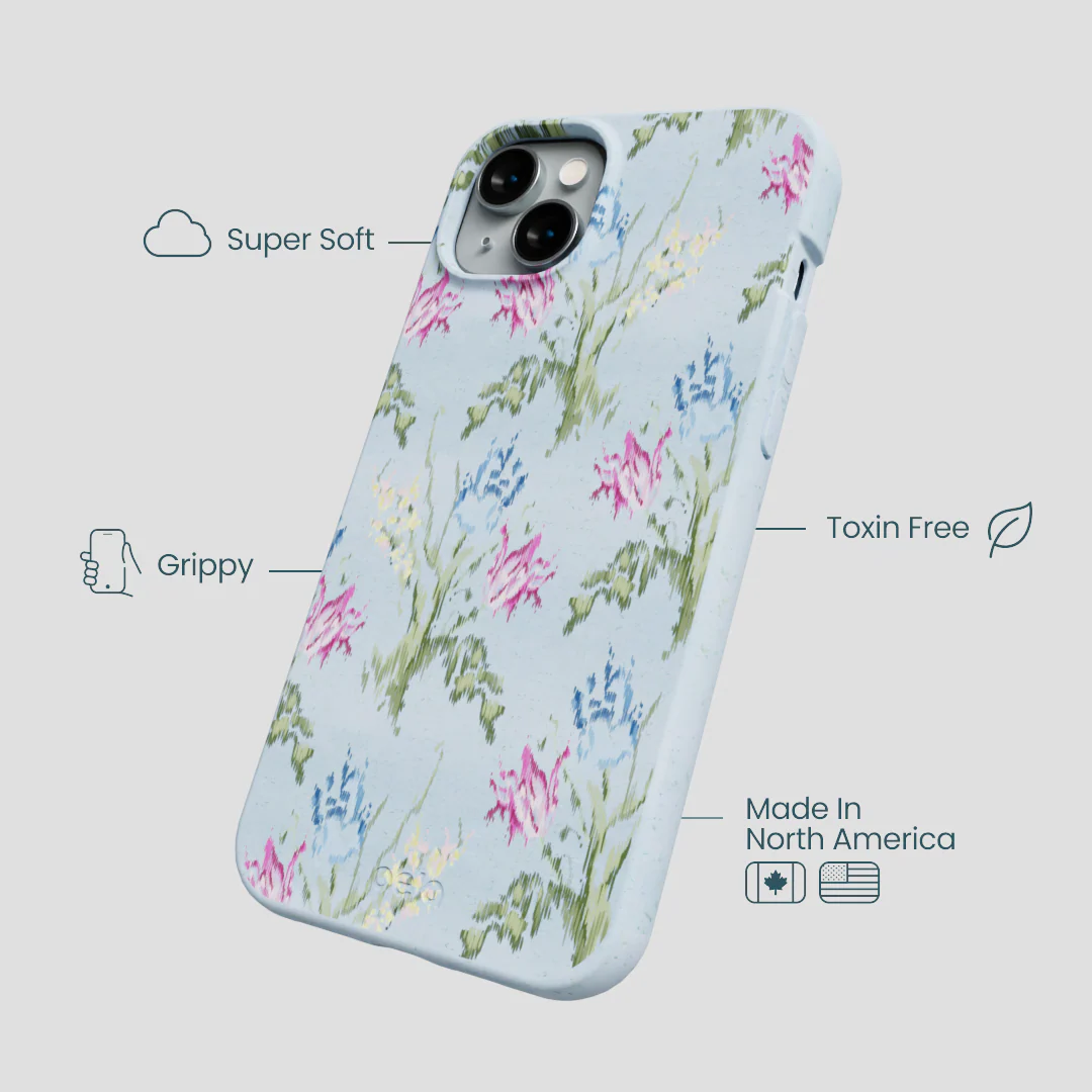 Powder Blue Floral Tapestry iPhone 15 Plus Case - Image 4