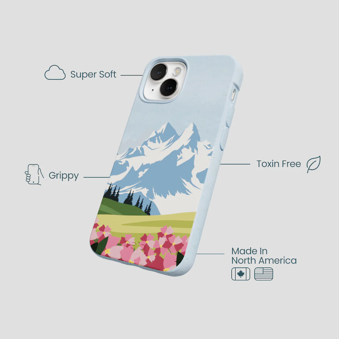 Powder Blue Mountains and Blooms iPhone 13 Mini Case - Image 4