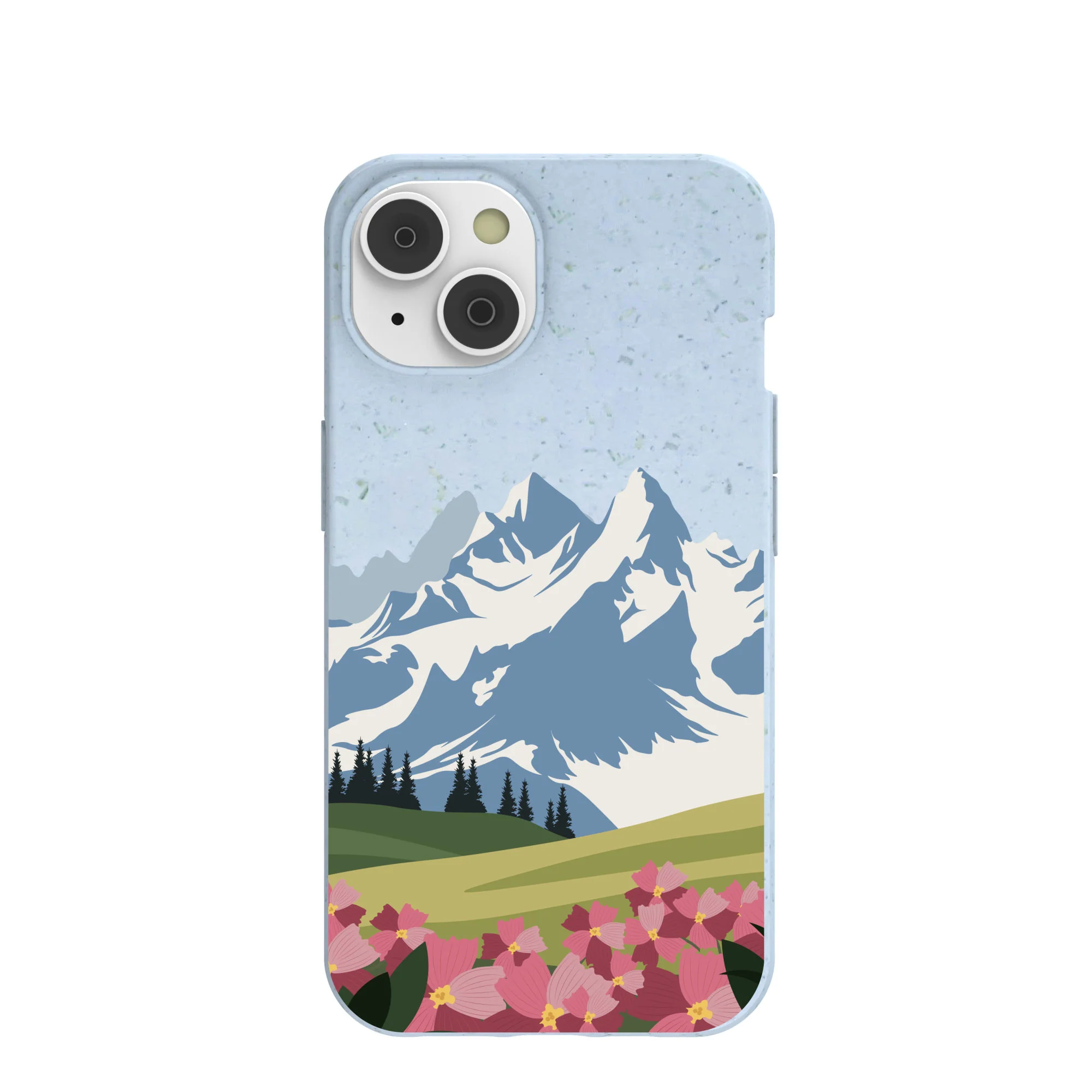 Powder Blue Mountains and Blooms iPhone 14 Case