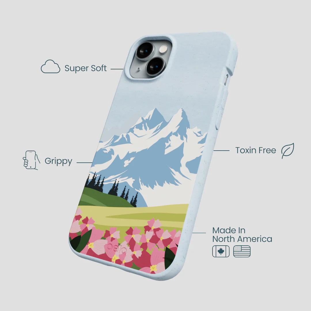Powder Blue Mountains and Blooms iPhone 14 Plus Case - Image 4