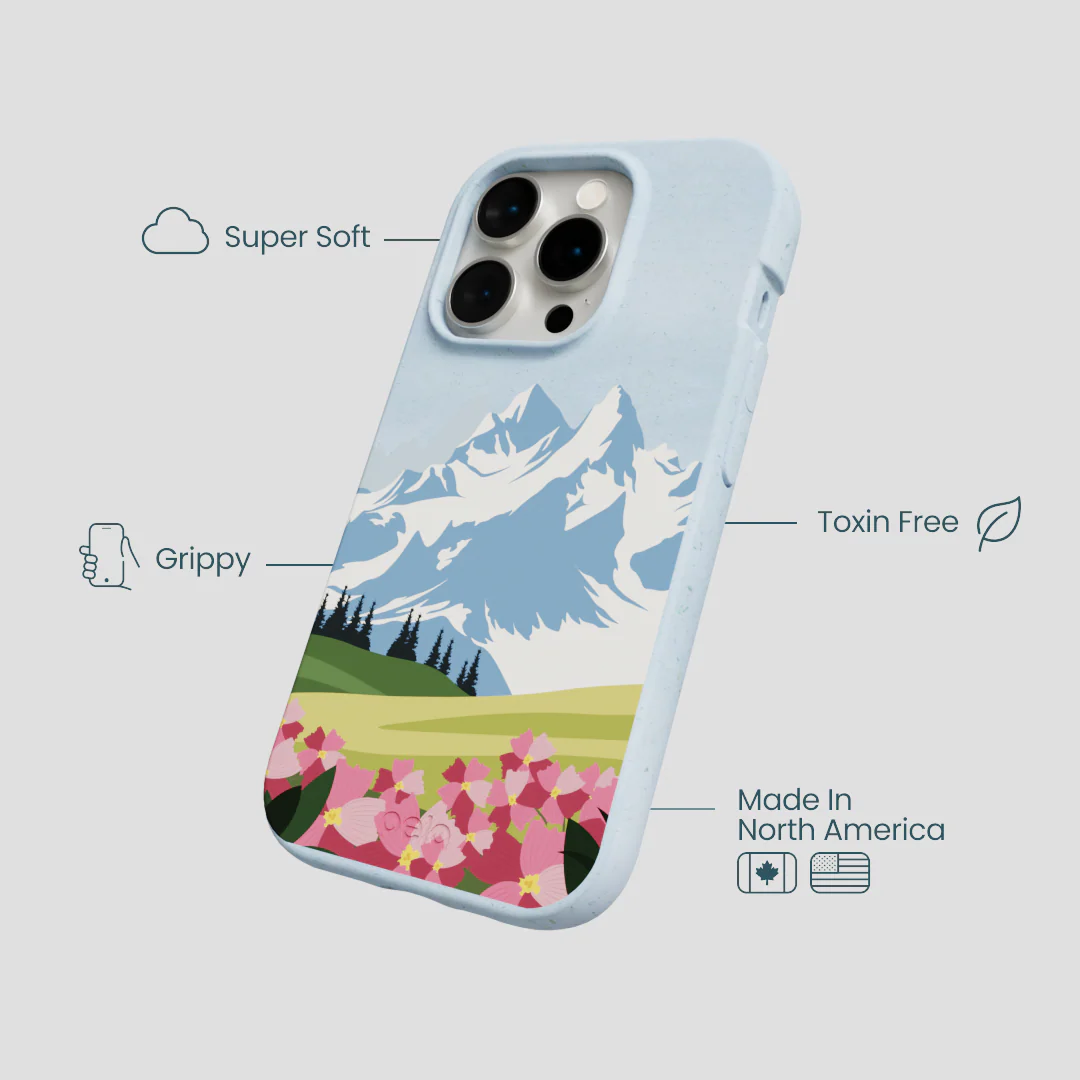 Powder Blue Mountains and Blooms iPhone 14 Pro Case - Image 4